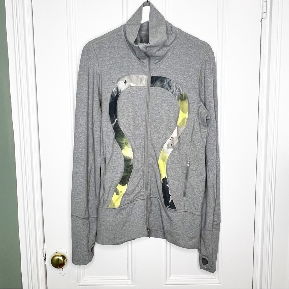 Lululemon In Stride Jacket Full Zip Up Heathered Fossil Gray and Green Size 8